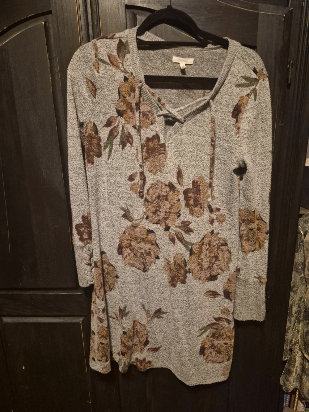 Maurices Gray Knit Midi Dress with Brown Floral Print